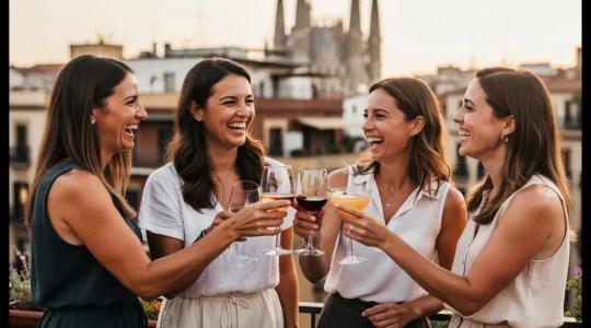 Groupe de copines trinquant sur rooftop barcelonais pour EVJF
