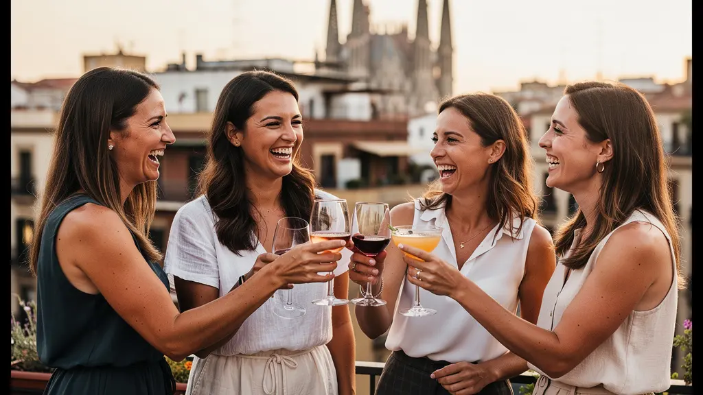 Groupe de copines trinquant sur rooftop barcelonais pour EVJF