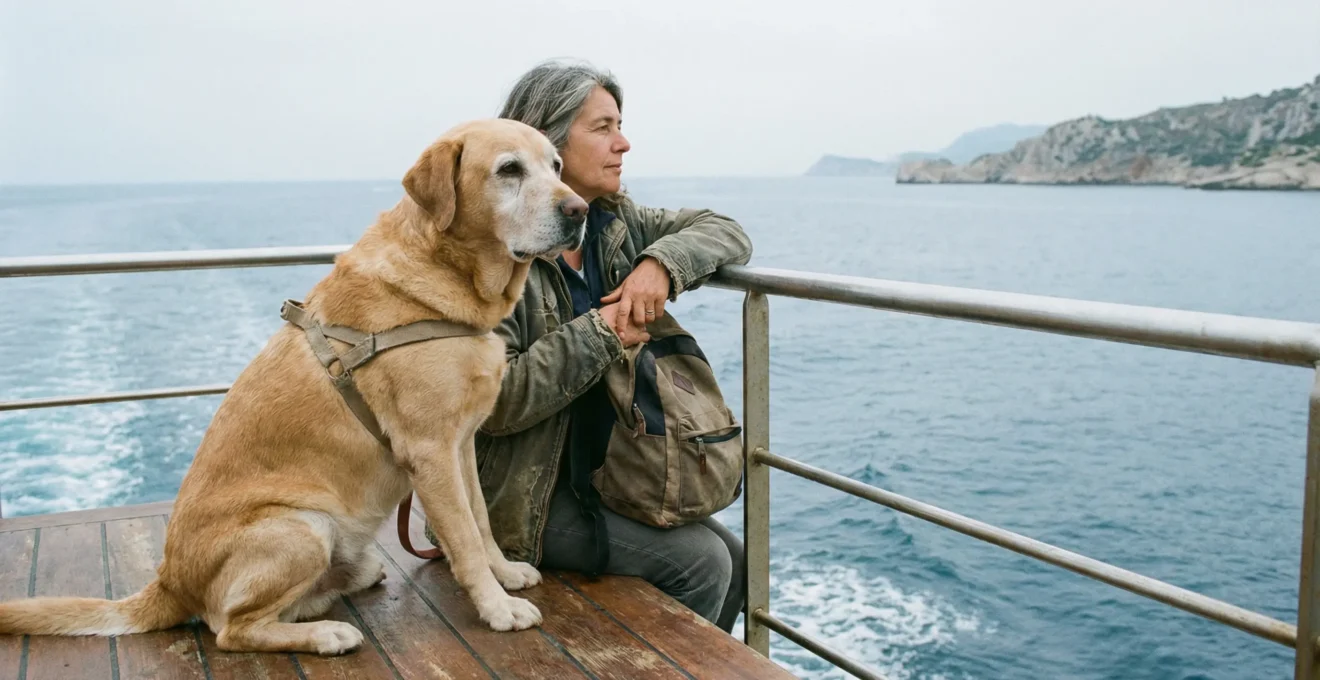 Chien labrador sur le pont du ferry avec son propriétaire vers Majorque