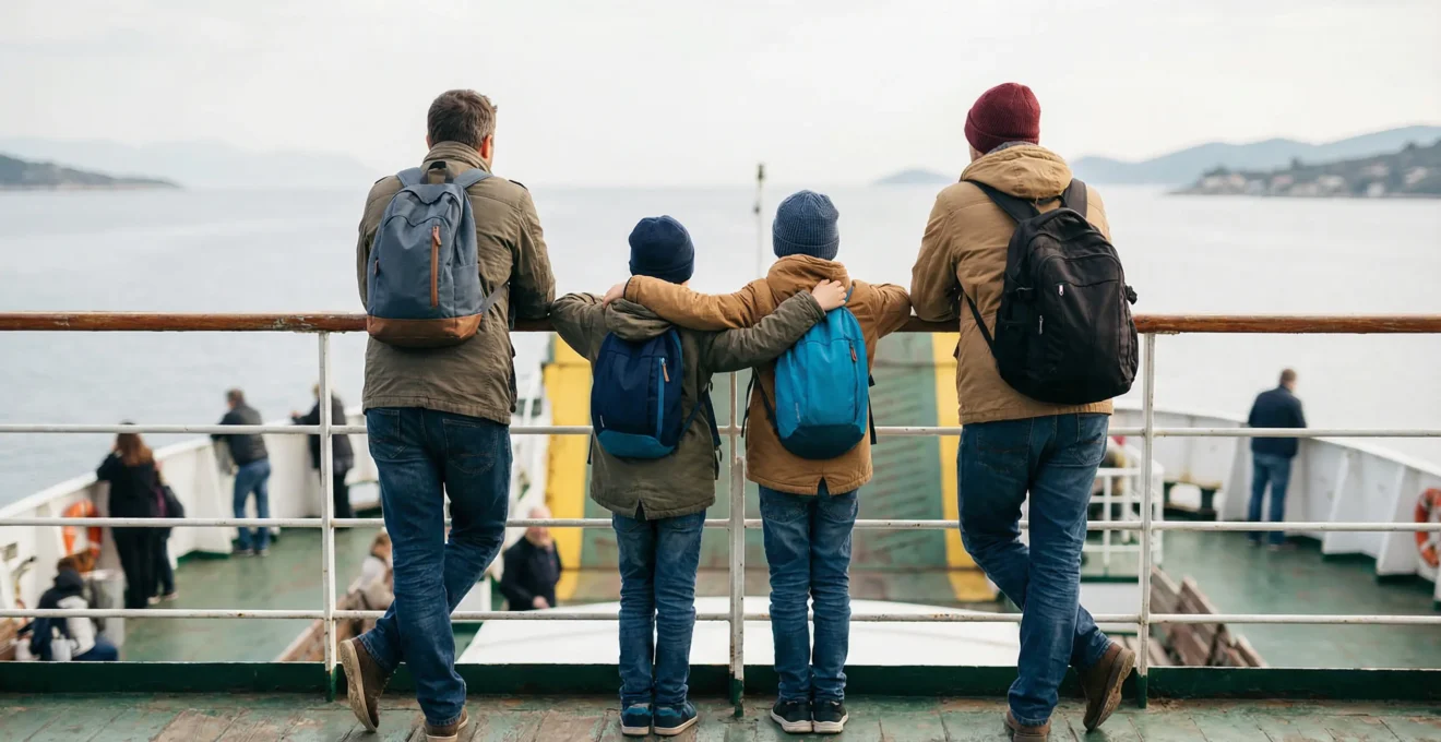 Famille observant la Méditerranée depuis le pont du ferry vers Majorque