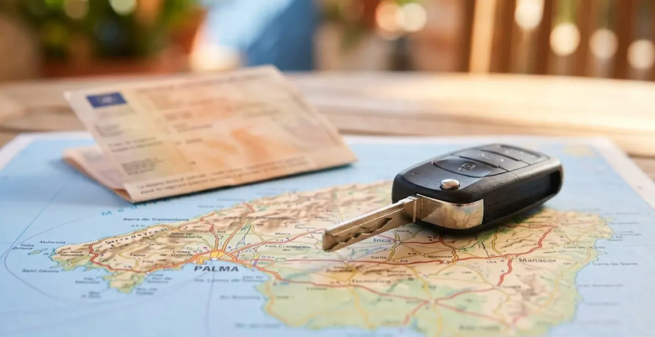 Gros plan sur une carte grise française et des clés de voiture posées sur une carte routière des îles Baléares, avec texture papier visible