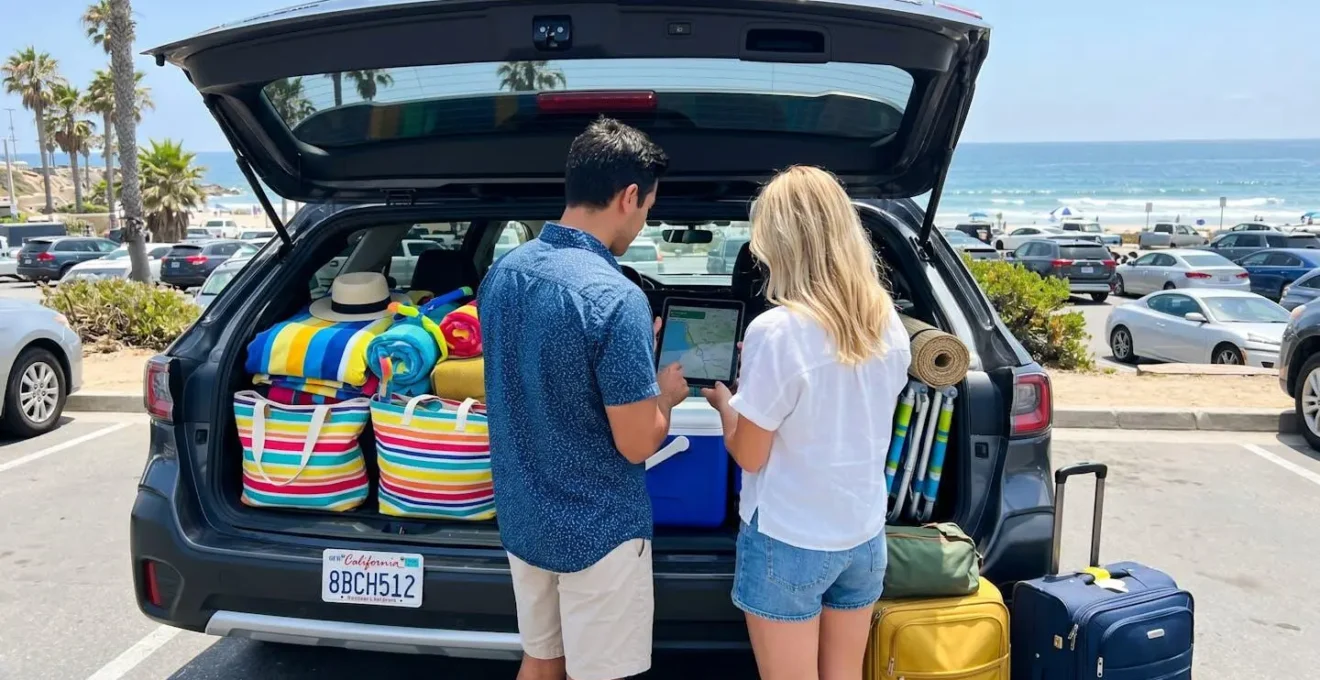 Un couple vu de dos consulte une tablette numérique près du coffre ouvert d'une voiture chargée de bagages de plage et équipements de vacances