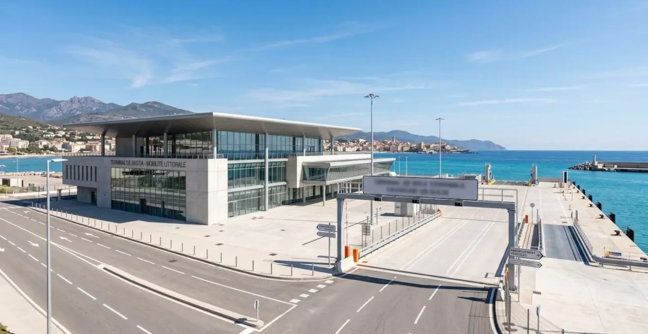 Vue large d'un terminal de ferry contemporain avec signalétique d'embarquement véhicules et quai désert sous un ciel méditerranéen lumineux